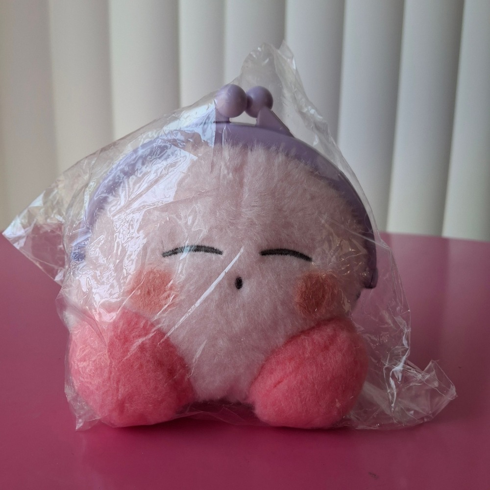 SK Japan Kirby Puwa Fuwa Plush Coin Purse Pink Sleeping Kiss Lock Pouch